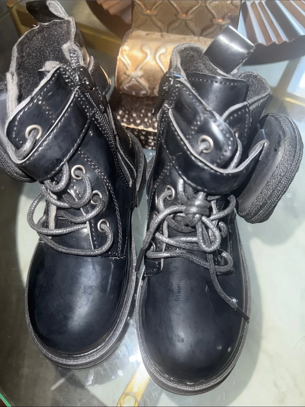 Kids Black Lace-Up Combat Boots with Side Zipper
